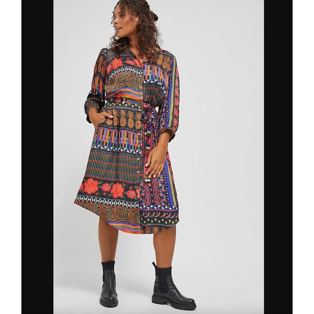 Farm Rio X Anthropologie Sz M Ciela Midi Shirtdress Colorful Patchwork Pockets